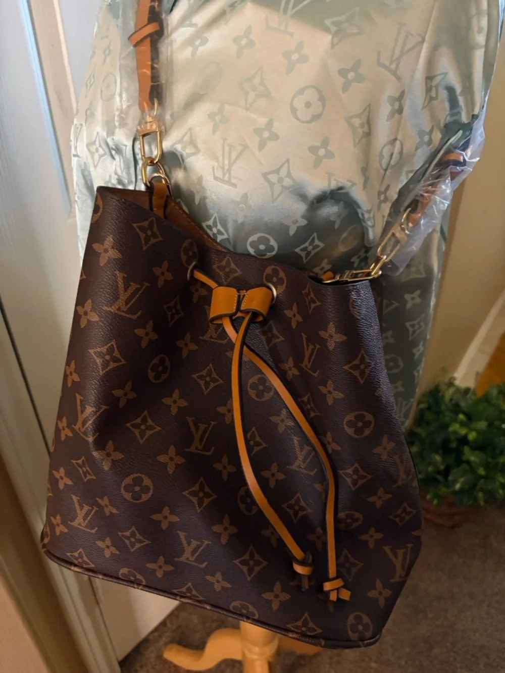Monogram Drawstring Bucket Bag with Yellow Trim